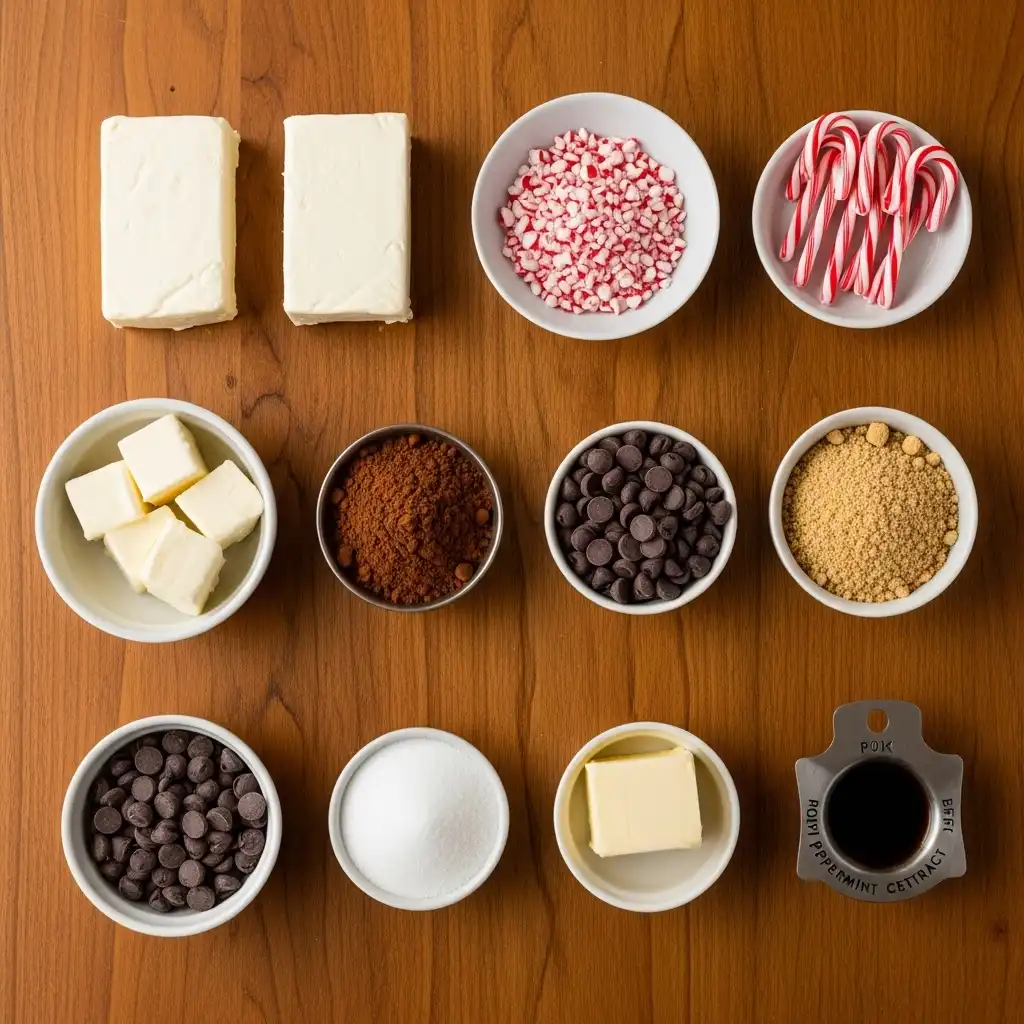 Ingredients for Peppermint Hot Chocolate Cheesecake Bars on wooden surface
