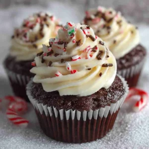 peppermint mocha cupcake with frosting and crushed candy canes, one bite taken