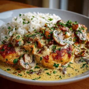 Creamy mushroom chicken served with rice and herbs