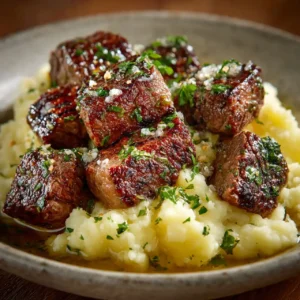 Garlic butter steak bites served with mashed potatoes and herbs