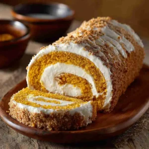 pumpkin roll cake with cream cheese filling