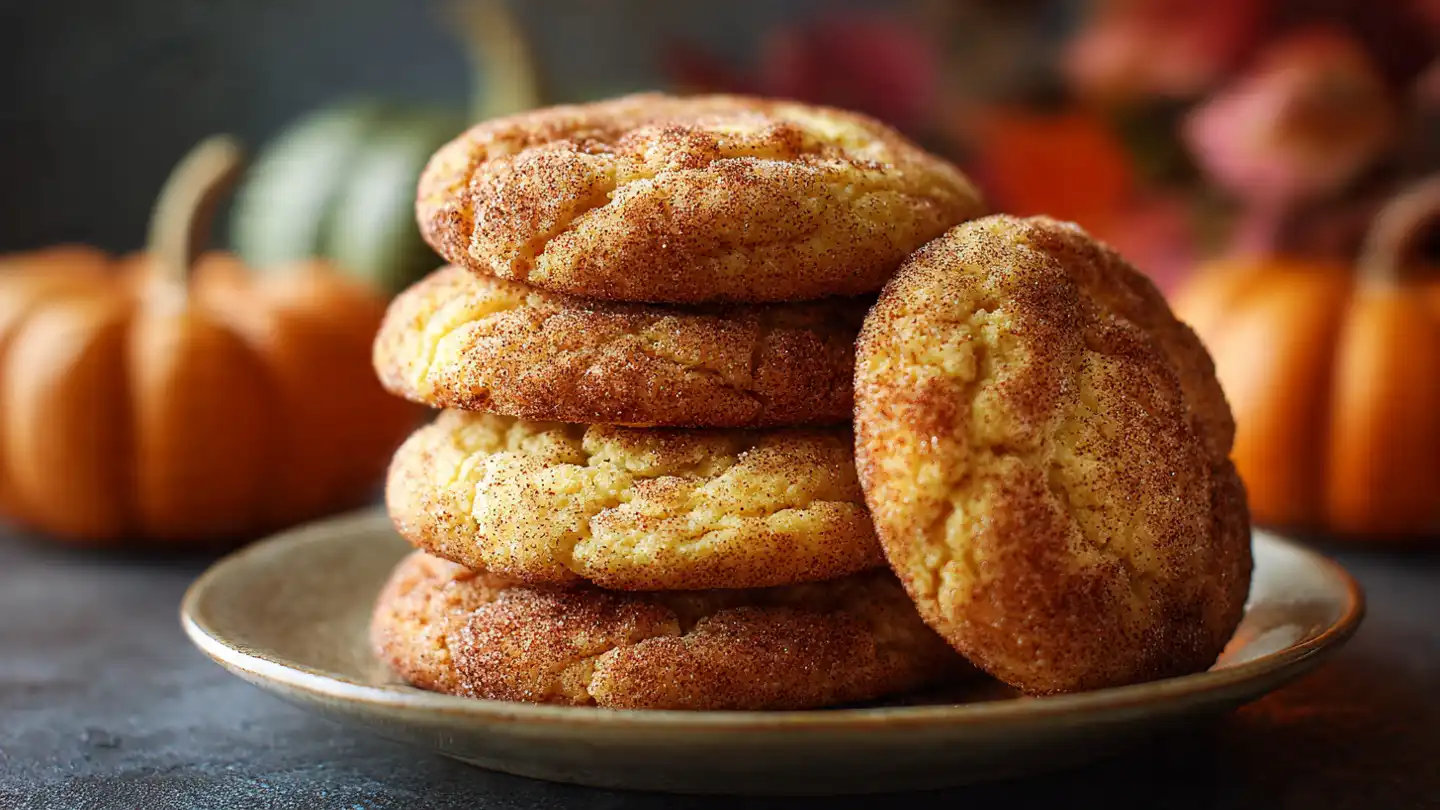 Pumpkin snickerdoodle cookies stacked on a plate