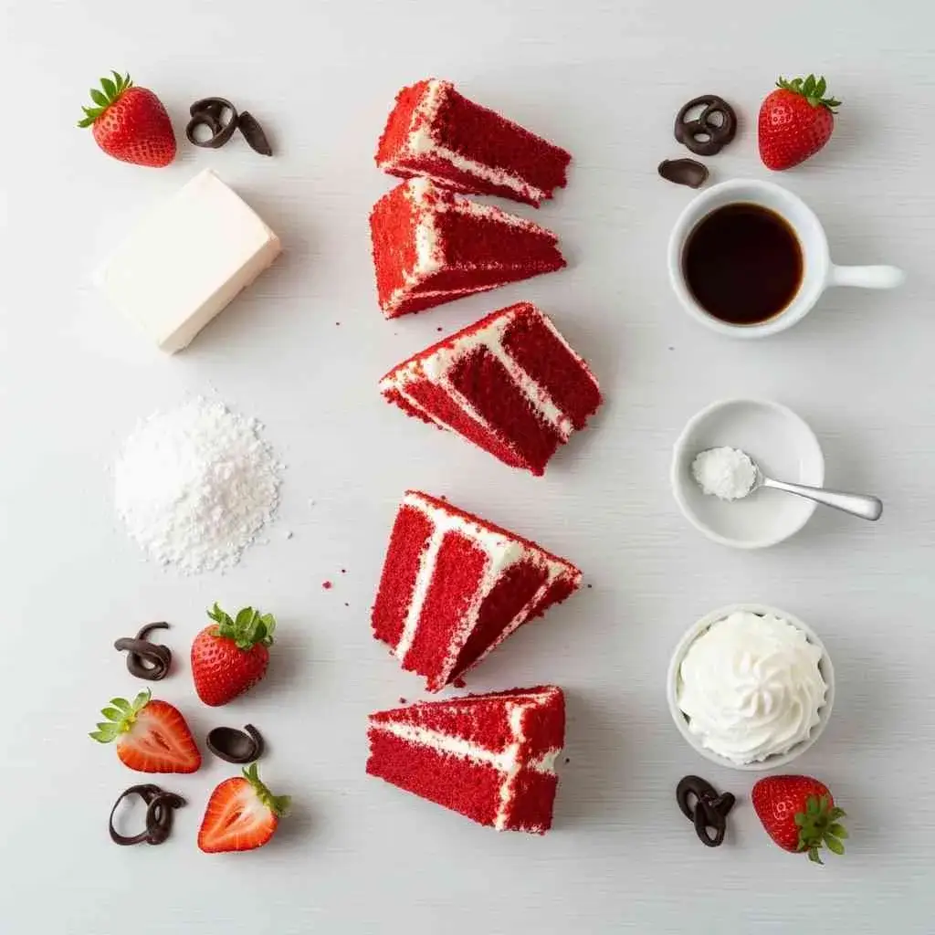 ingredients for red velvet cheesecake trifle arranged on a flat lay