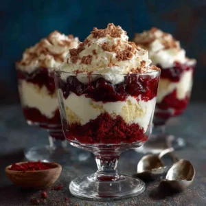 serving red velvet cheesecake trifle in a small dessert glass
