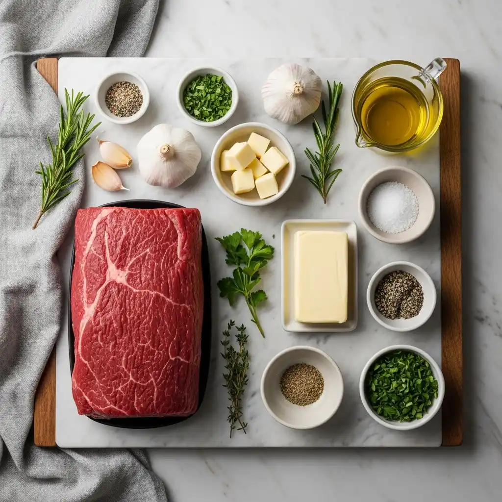 ingredients for roast beef with garlic herb butter on board