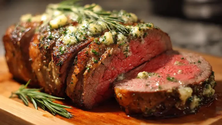 roast beef with garlic herb butter sliced on a serving platter