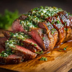 Juicy roast beef with herb butter.