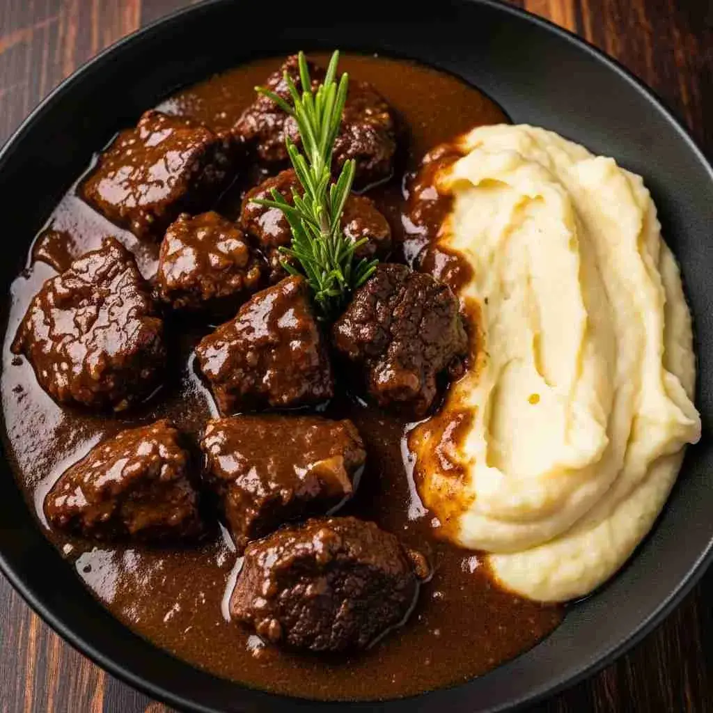 Slow Cooker Beef Manhattan served with mashed potatoes and gravy
