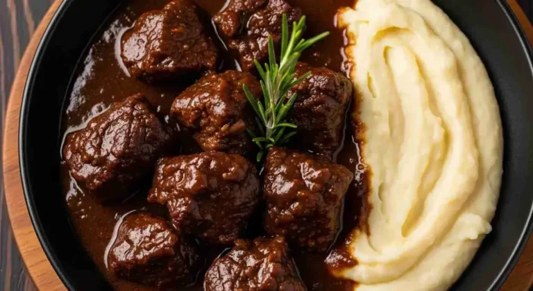 Classic Slow Cooker Beef Manhattan with mashed potatoes and gravy