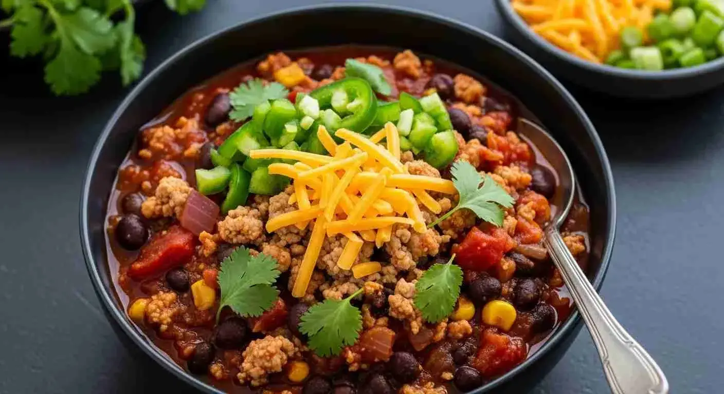 Slow Cooker Turkey Chili 1 Hearty slow cooker turkey chili served in a bowl with toppings