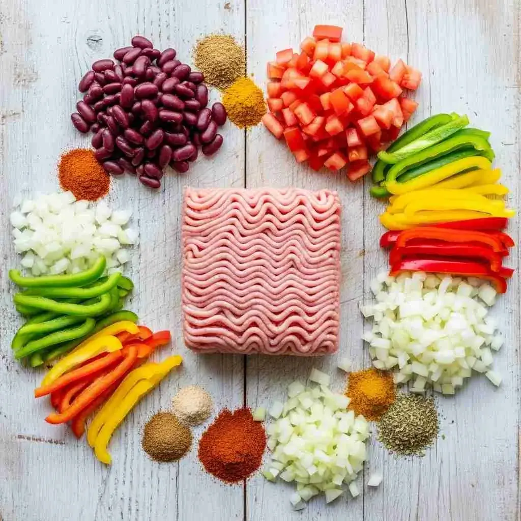 Slow Cooker Turkey Chili 2 Ingredients for slow cooker turkey chili laid out on counter