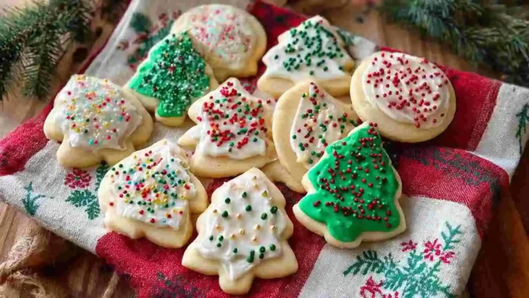 Soft Frosted Christmas Cookies recipe 6 Soft frosted Christmas cookies with festive sprinkles on a holiday platter