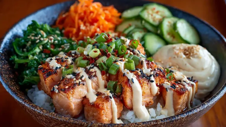 spicy salmon rice bowl with creamy sesame mayo sauce