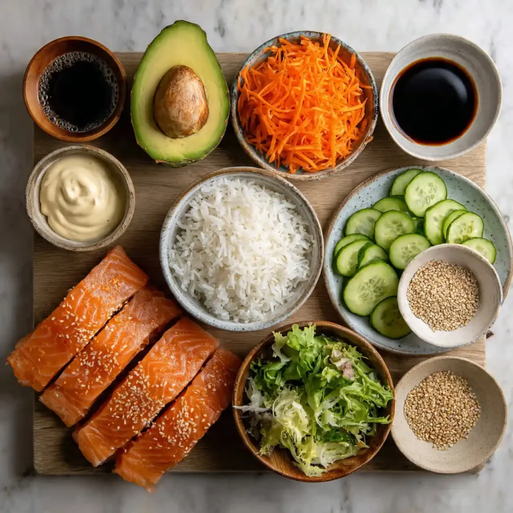 ingredients for spicy salmon rice bowl with creamy sesame mayo sauce