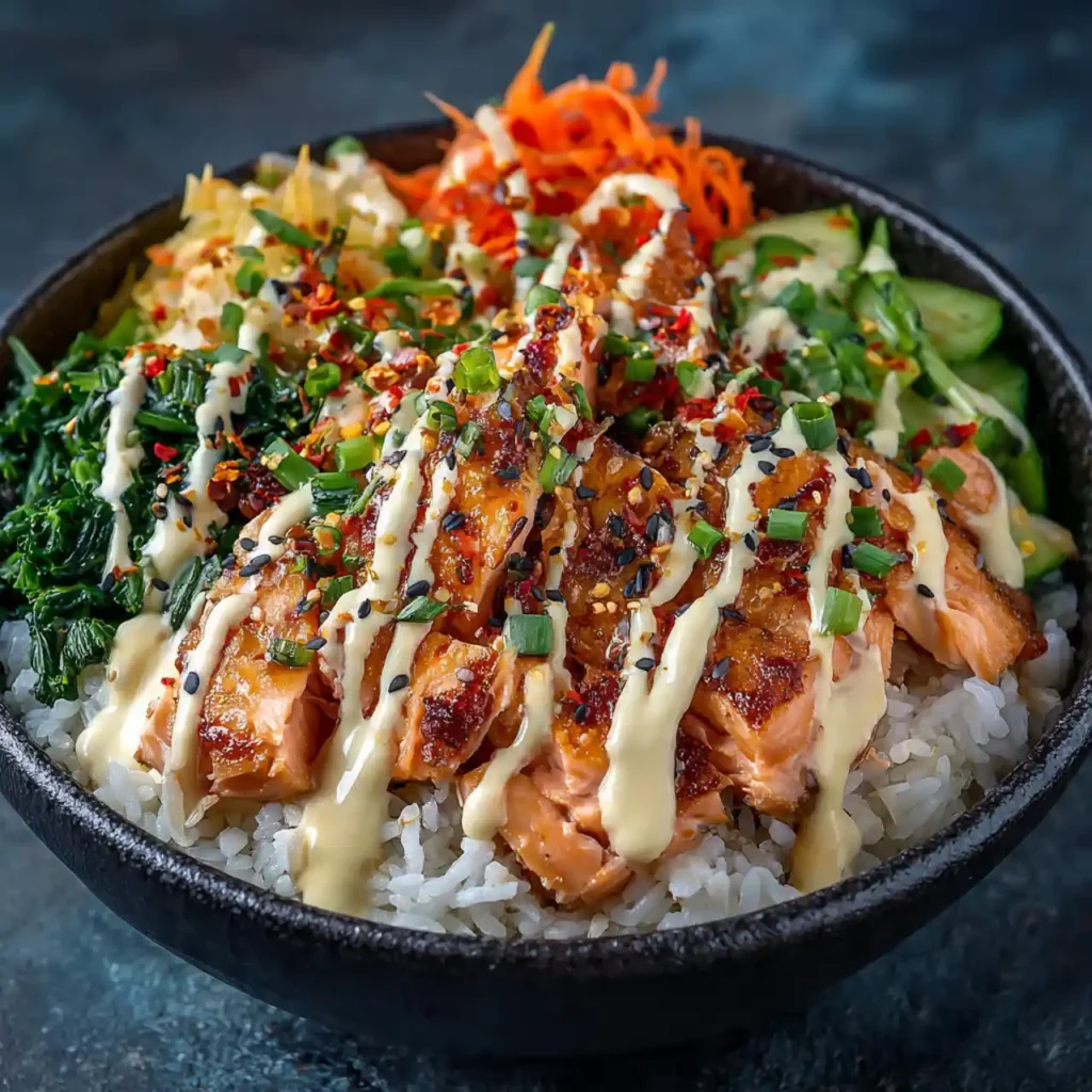 plated spicy salmon rice bowl with sesame mayo and greens