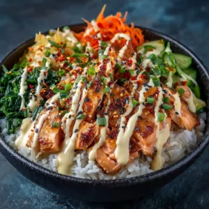 plated spicy salmon rice bowl with sesame mayo and greens
