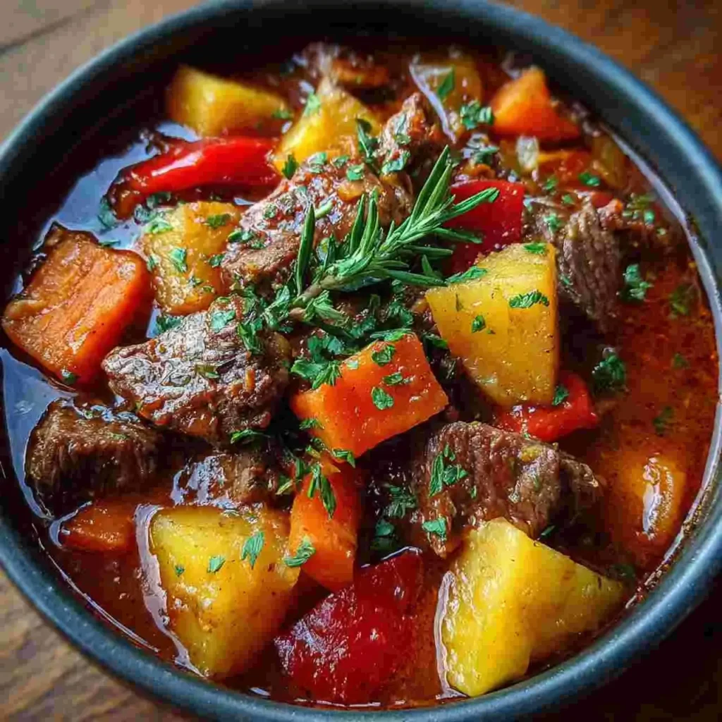 Crockpot Sweet Potato Beef Stew 3 serving crockpot sweet potato beef stew with fresh herbs on top