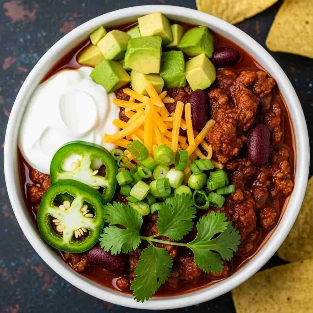 Crockpot Tex-Mex Chili Dish 3 Crockpot Tex-Mex chili served with cheese, sour cream, and tortilla chips
