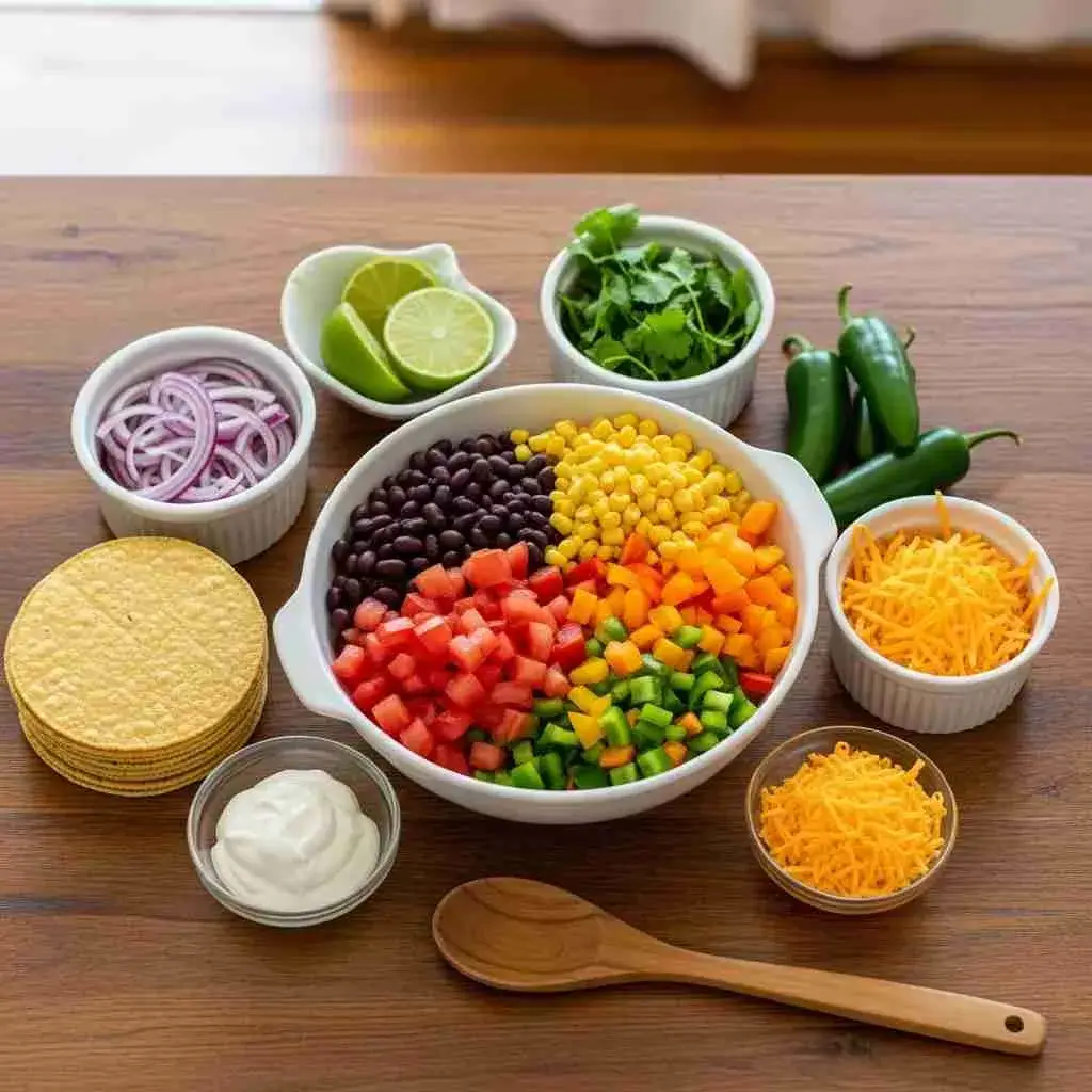 Fresh ingredients for Crockpot vegetarian tortilla soup laid on counter