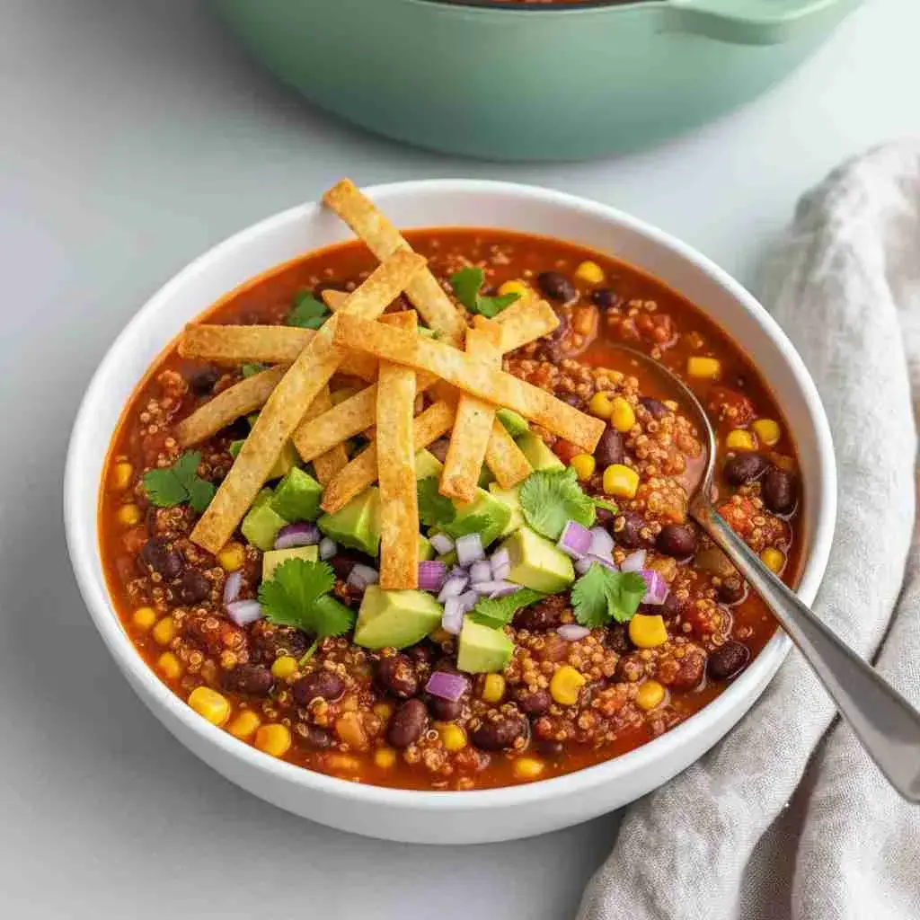 Bowl of Crockpot vegetarian tortilla soup topped with avocado, cheese, and tortilla strips