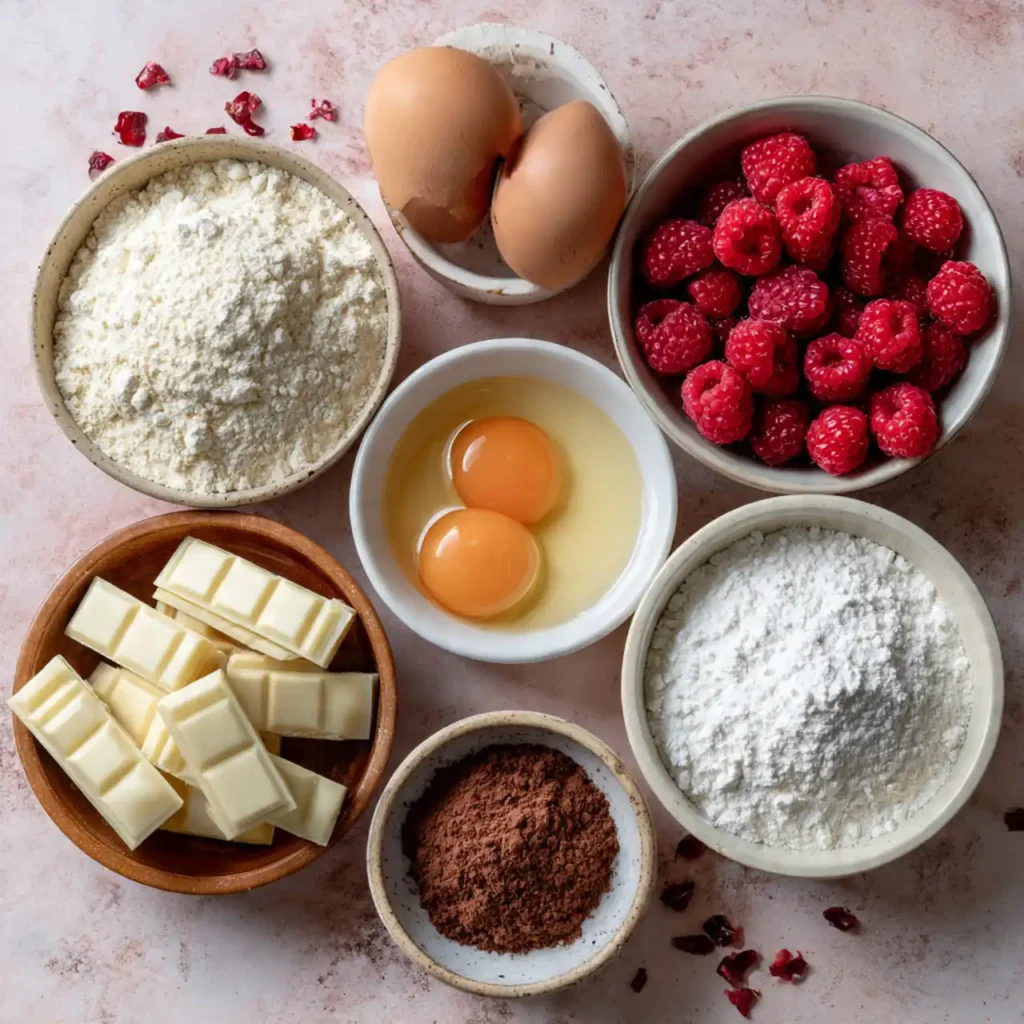 top view of ingredients for white chocolate raspberry bars recipe