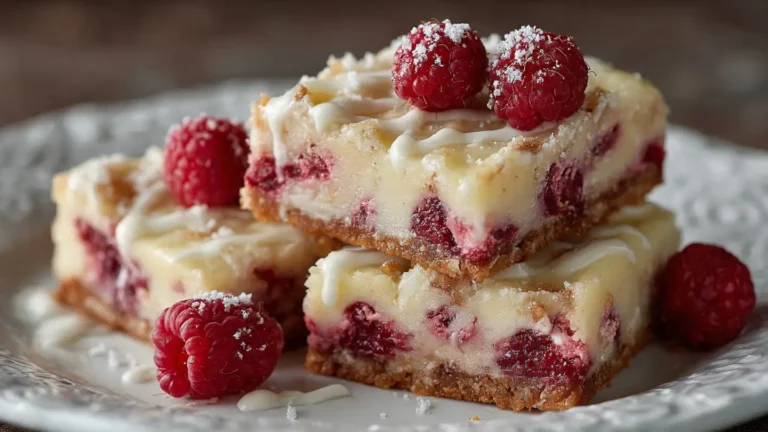 white chocolate raspberry bars cut into squares with raspberry swirl topping