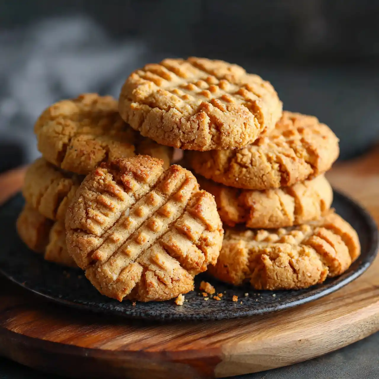 soft 3 ingredient peanut butter cookies stacked on a plate