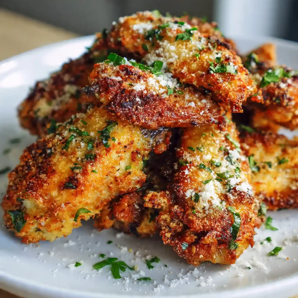 close up air fryer parmesan chicken wing crispy crust