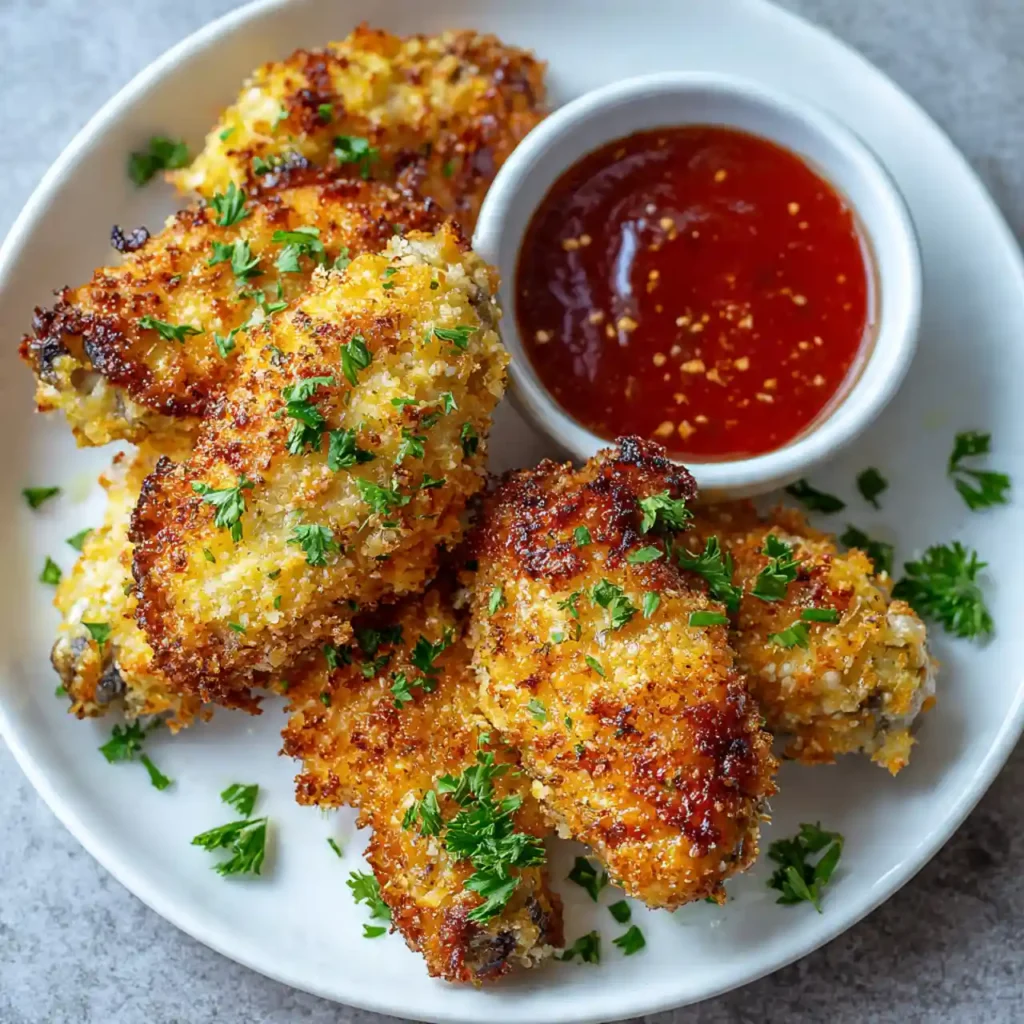 air fryer parmesan crusted chicken wings served with dip