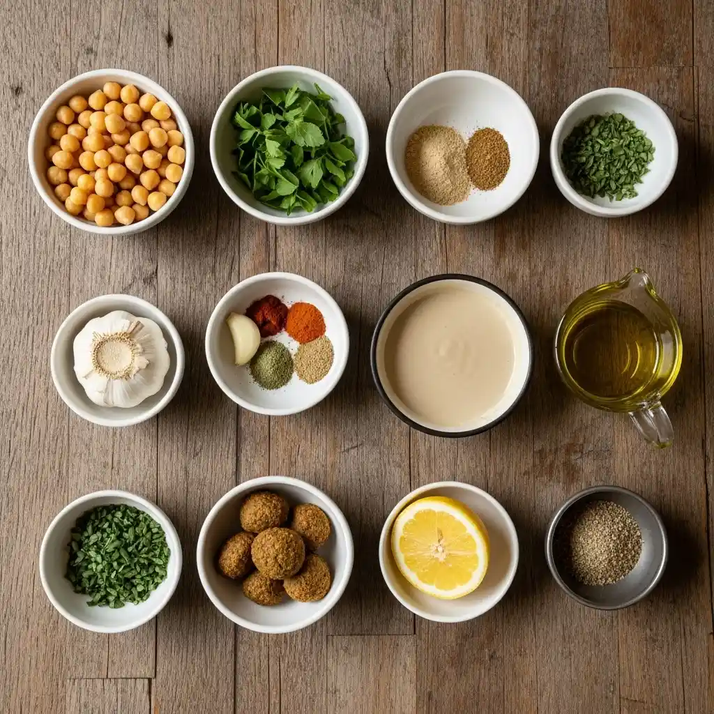 ingredients for baked falafel with tahini sauce recipe on counter