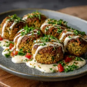 baked falafel with tahini sauce served with fresh greens and pita
