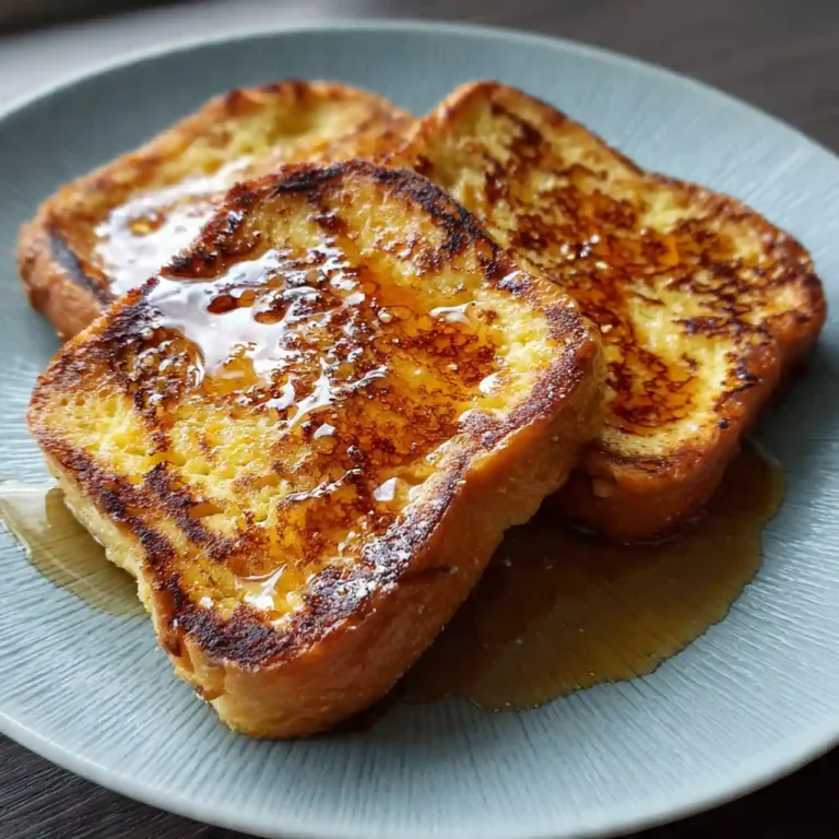 golden french toast stacked with syrup
