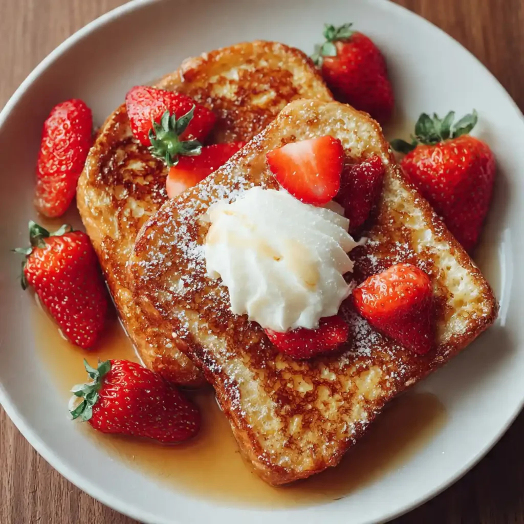 french toast with fruit syrup and powdered sugar