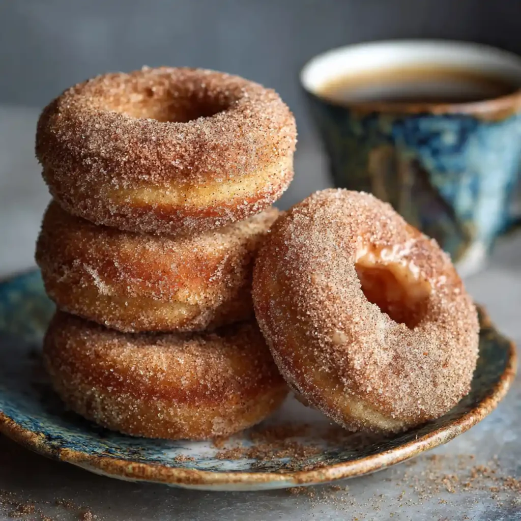 Brown Butter Apple Cider Donuts with Cinnamon Sugar 3 brown butter apple cider donuts on a plate with cinnamon sugar
