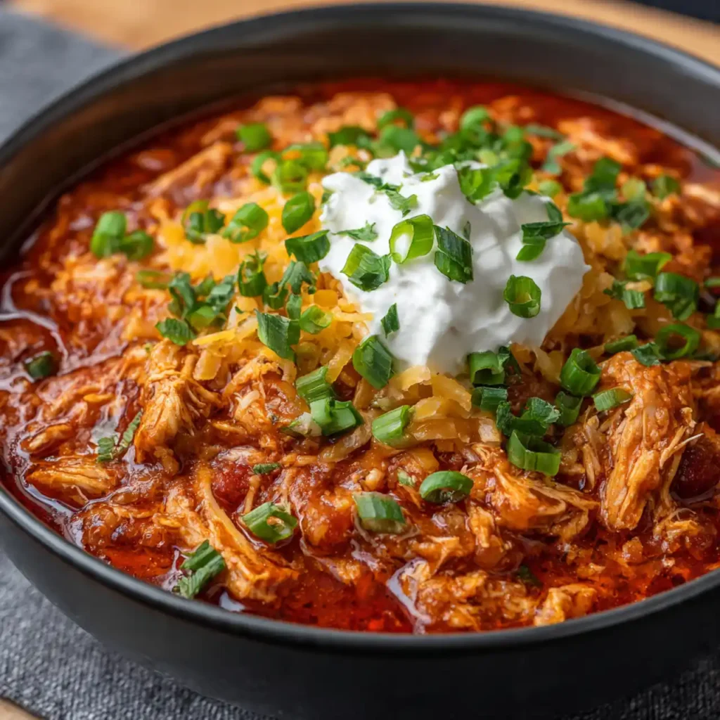 Spicy chili topped with cheese and sour cream