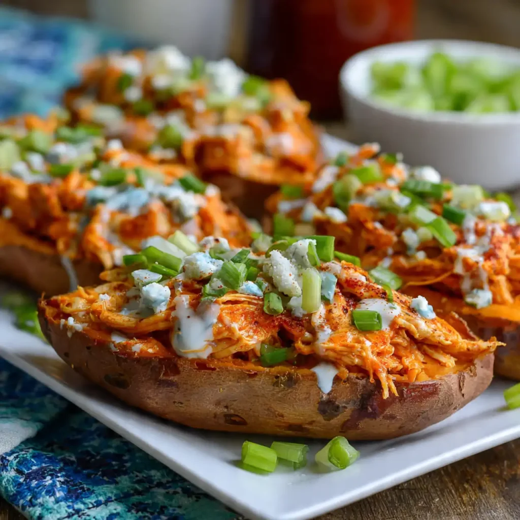 served spicy buffalo chicken stuffed sweet potatoes
