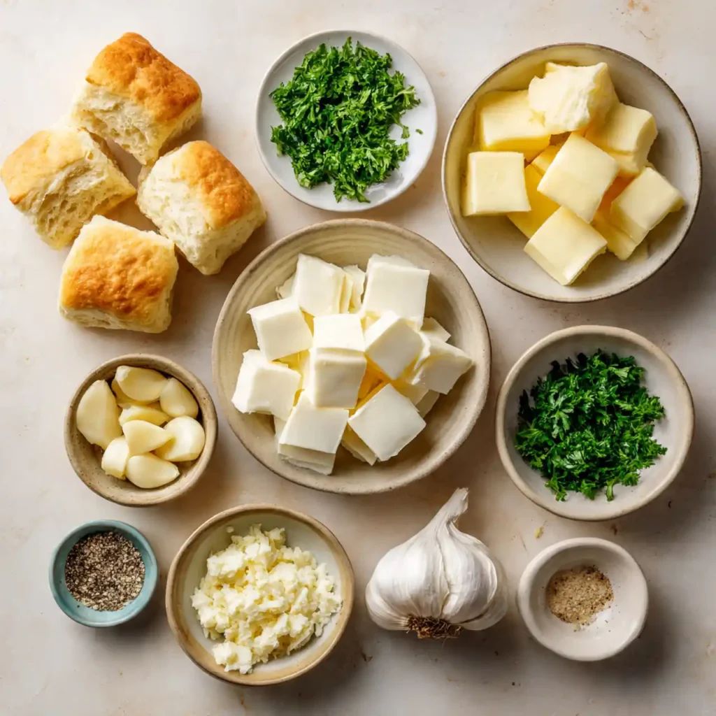 flat lay of ingredients for pillsbury biscuit garlic butter cheese bombs