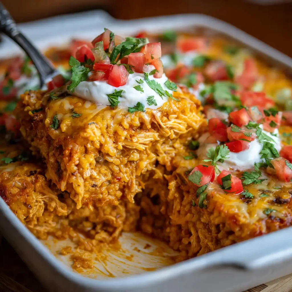 Easy Chicken Enchilada Rice Casserole 3 close up of cheesy chicken enchilada rice casserole scoop