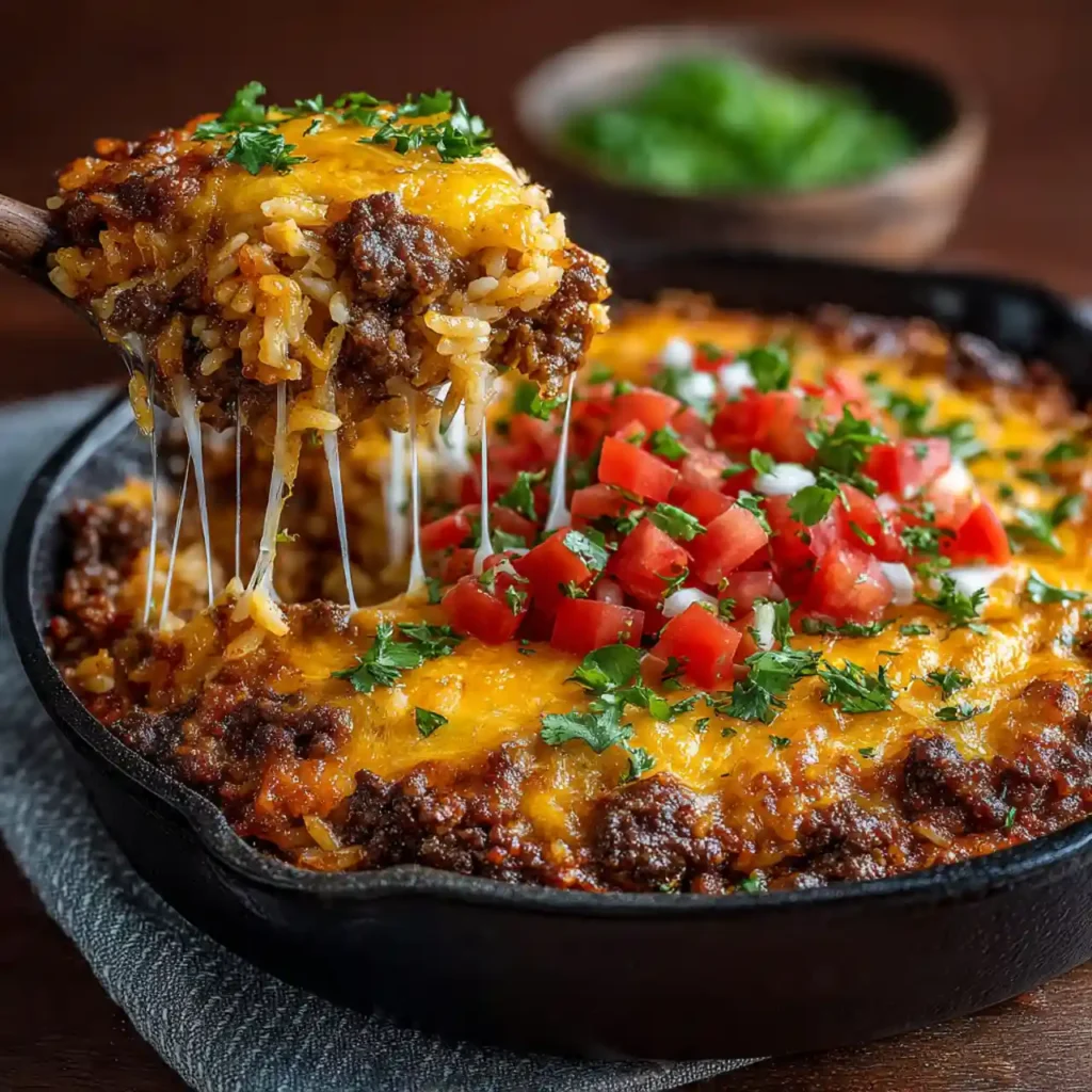 close up cheesy hamburger rice casserol