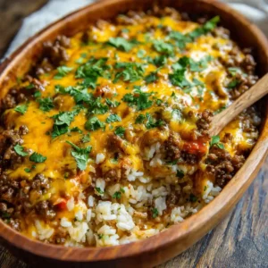 cheesy hamburger rice casserole baked and bubbly