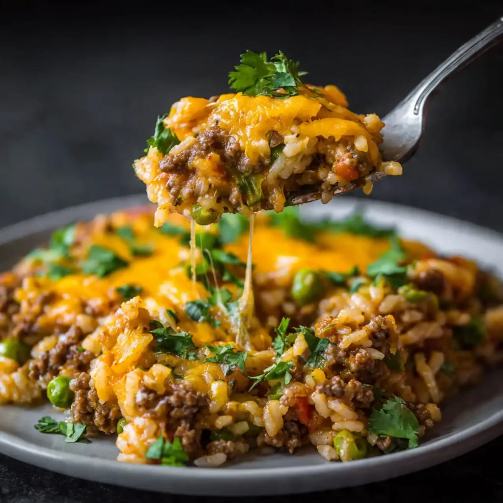 serving cheesy hamburger rice casserole