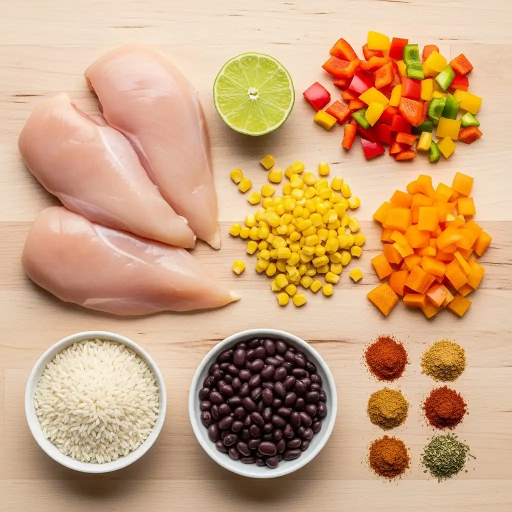 ingredients for one pan chicken burrito bowl arranged on countertop