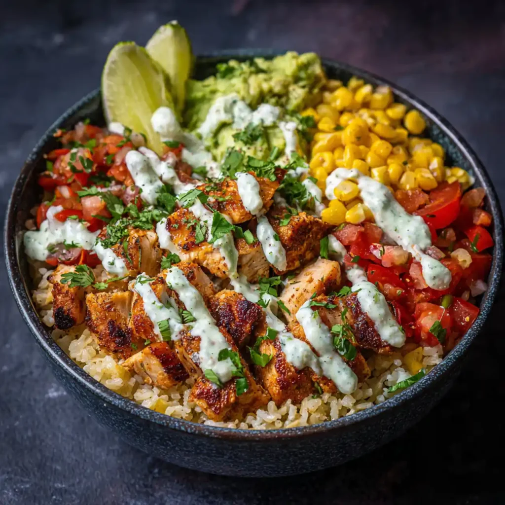 one pan chicken burrito bowl served with lime, cilantro, avocado