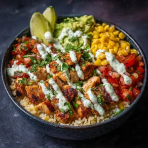 one pan chicken burrito bowl served with lime, cilantro, avocado