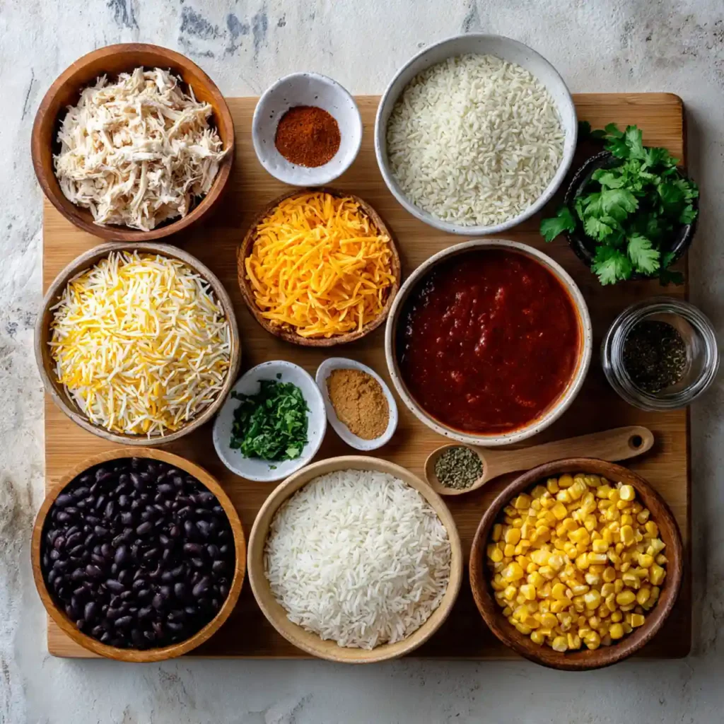 Easy Chicken Enchilada Rice Casserole 2 ingredients for chicken enchilada rice casserole arranged on table