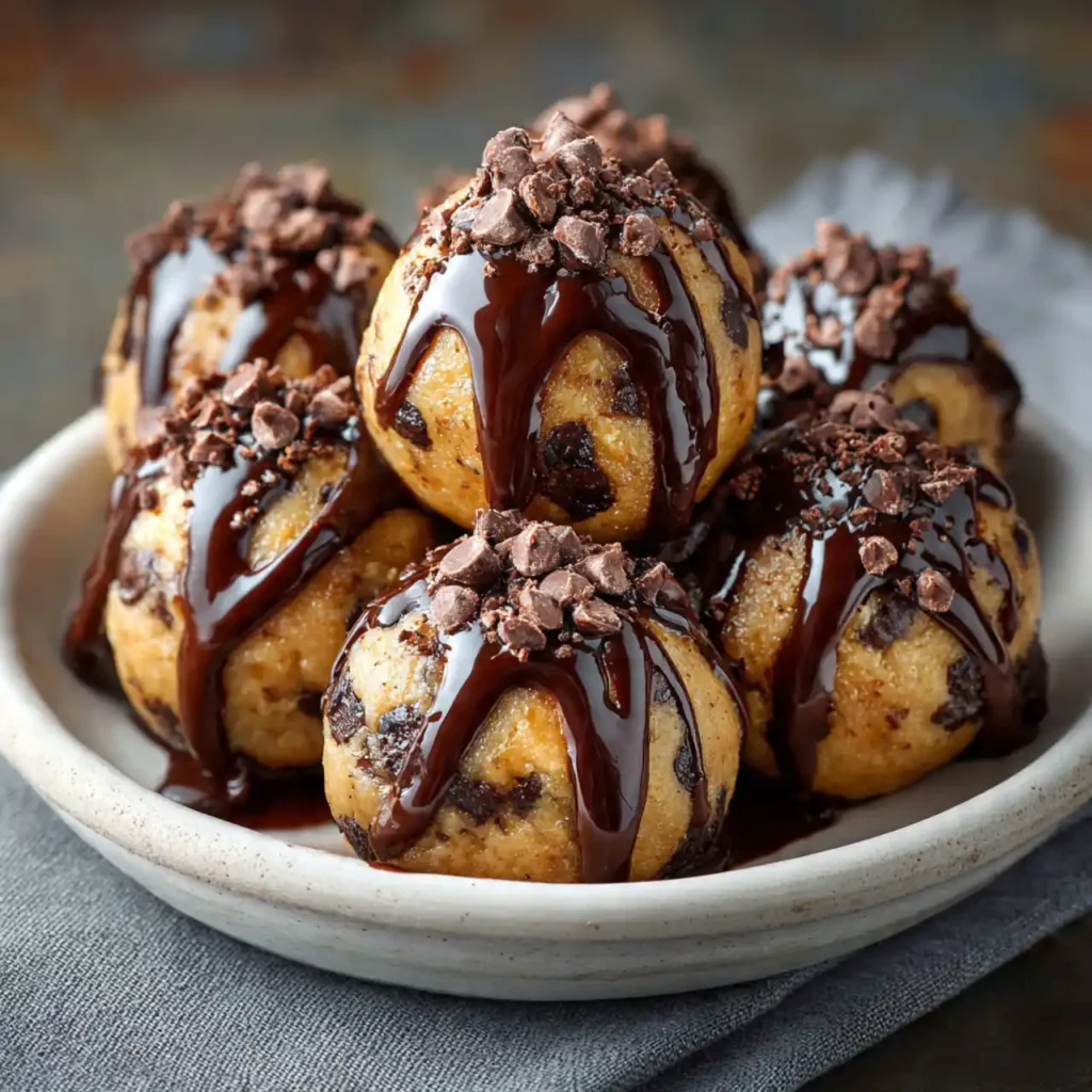 Delicious Chocolate Chip Cookie Dough Balls 3 chocolate chip cookie dough balls served with chocolate drizzle
