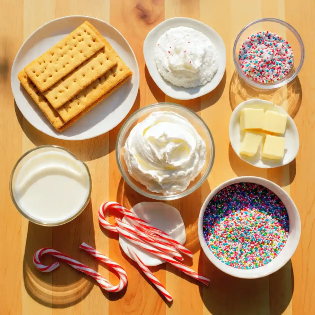 ingredients for easy christmas cookie lasagna laid out on countertop”