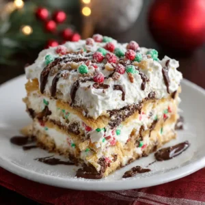 slice of christmas cookie lasagna on festive plate with sprinkles
