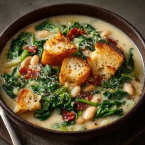 close-up of creamy white bean escarole soup showing beans, greens, and creamy broth
