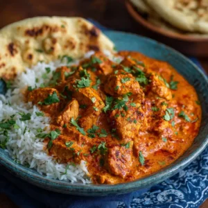 close up of creamy instant pot chicken tikka masala with fresh cilantro